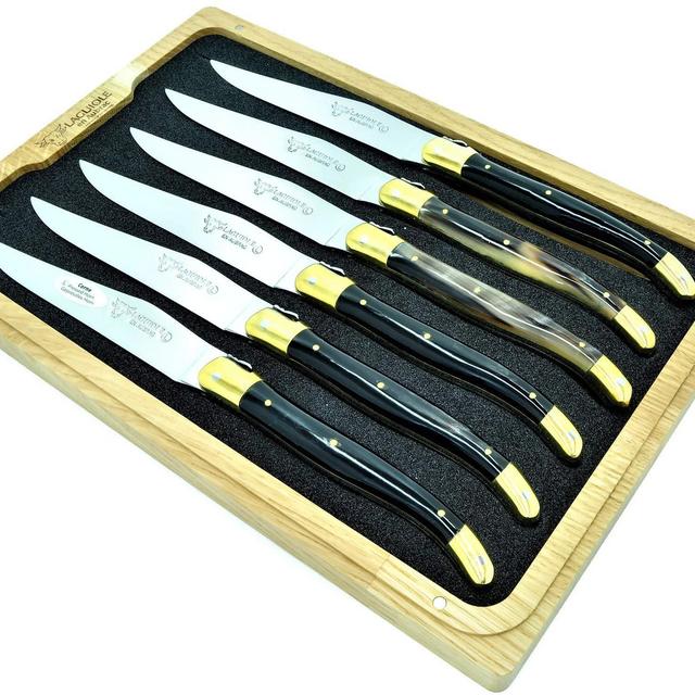Laguiole en Aubrac Steak Knives Set of 6, Brass Pressed Horn Handles