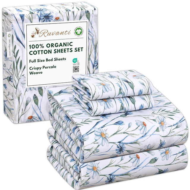 RUVANTI 100% Organic Cotton Sheets Full Size, Percale Weave, GOTS Certified, 4-Piece Set, Deep Pocket 15", Crisp & Breathable, Soft Durable Bedding, Sábanas Algodón Orgánico – Daisy Bud