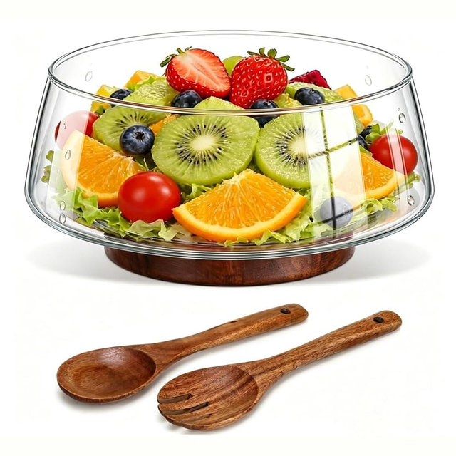 TITINICE 121oz Large Glass Salad Bowl Set with Acacia Wood Base, 3.8QT Clear Serving Bowl with Wooden Spoons, 3600ml Decorative Mixing Bowl for Fruit, Pasta, Party and Thanksgiving