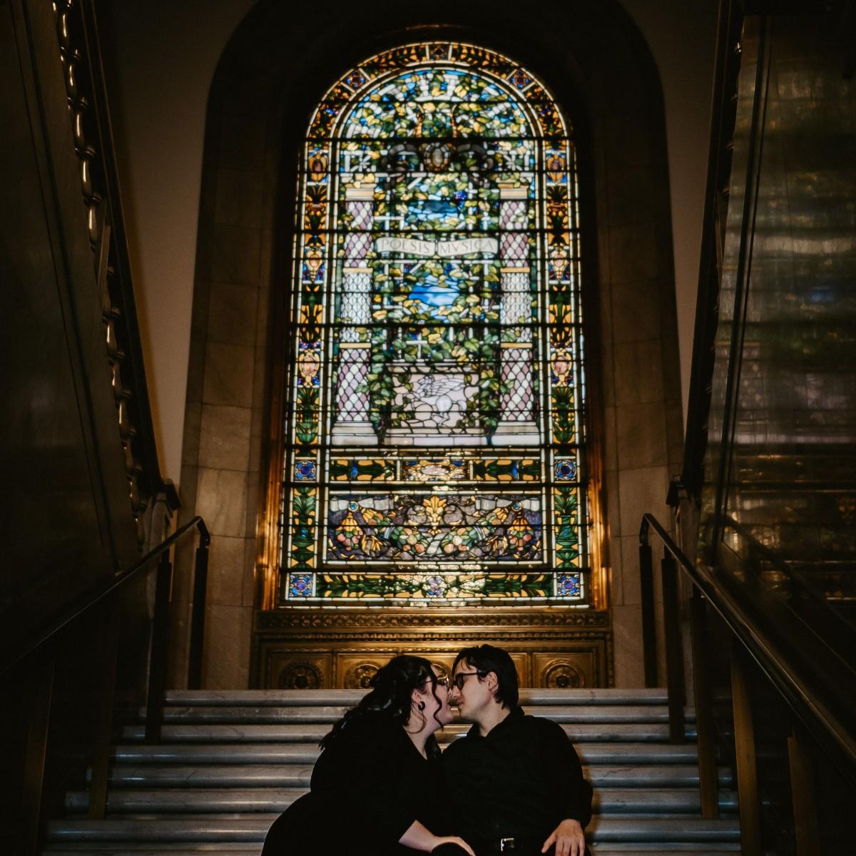 The stained glass and elegant staircase really helped set the mood of our engagement session.