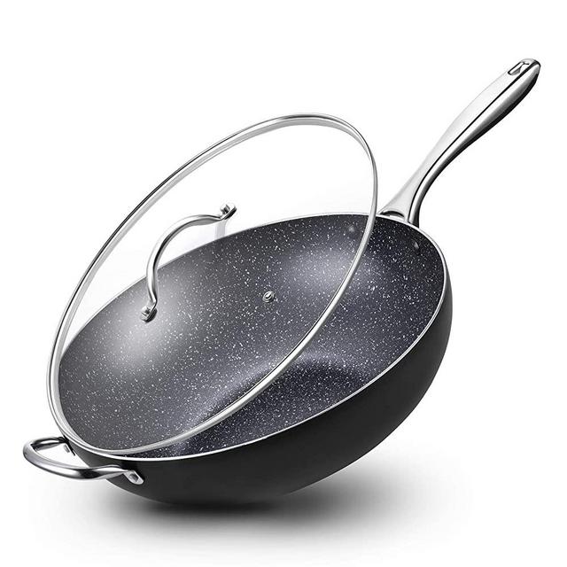14" Wok Pan- CSK Fry Pan with Lid, Large Family Sized Skillet with Stainless Steel Ergonomic Handle, Aluminum Nonstick Frying Pan for All Stovetops, APEO & PFOA-Free Stone-Earth coating, Oven-Safe