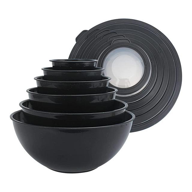 COOK WITH COLOR Mixing Bowls with TPR Lids - 12 Piece Plastic Nesting Bowls Set includes 6 Prep Bowls and 6 Lids, Microwave Safe Mixing Bowl Set (Speckled Black)