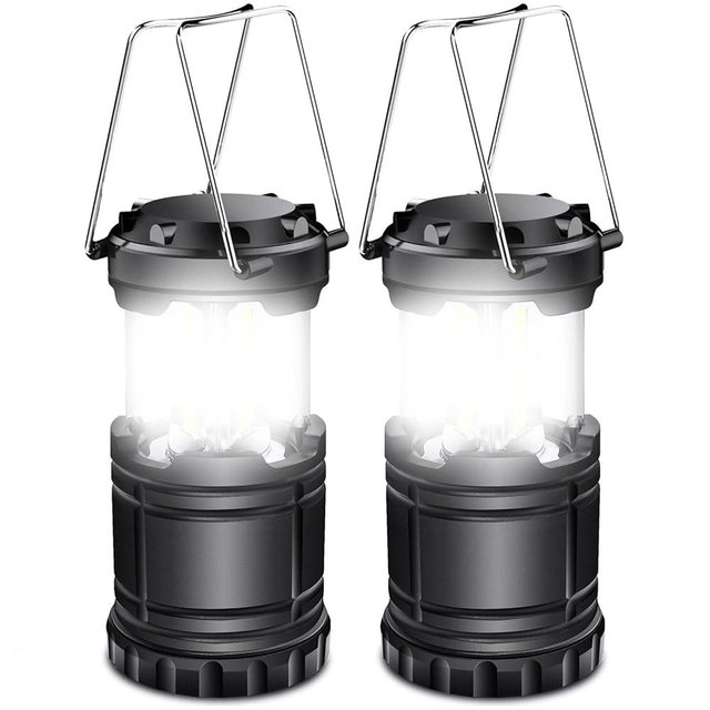 EXTRASTAR 2 Pack LED Battery Operated Lights, Portable Survival Battery Powered Lamp, Waterproof Camping Lantern, Suitable for Hurricane, Emergency, Storm, Outages, Outdoor Collapsible Lanterns, Black