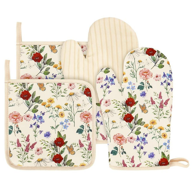 AnyDesign 4 Pcs Spring Oven Mitts and Pot Holders Set Vintage Wildflower Floral Kitchen Cotton Oven Gloves with Hot Pads Non-Slip Heat Resistant Potholder for Cooking Baking