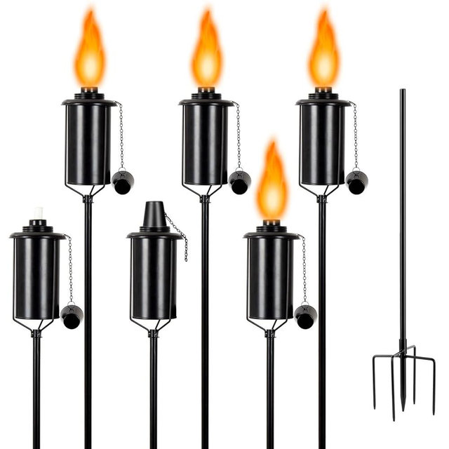 TaoTazon Metal Garden Torches for Outside 6 Pack, 16oz Outdoor Metal Torch, 61“ Citronella Torches Lighting with 5-Prong Grounded Stake for Garden Patio Pathway (6 Pack Metal Torch Set)