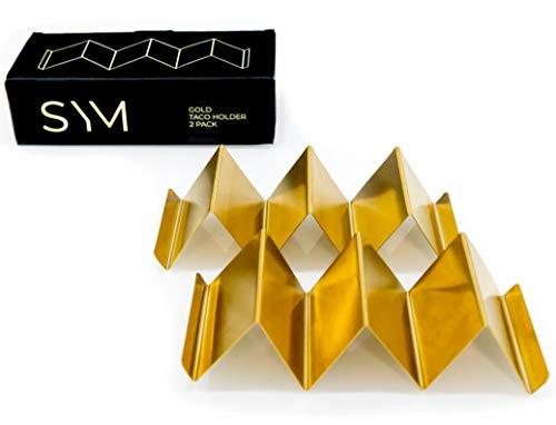 Gold Taco Holder Stand Set of 2 – Premium, Elegant & Stylish Gold Stainless Steel Taco Stand – Dishwasher, Oven, Grill Safe - Easy To Fill Taco Rack, Holds up to 3 Tacos, 4” x 8” by SYM