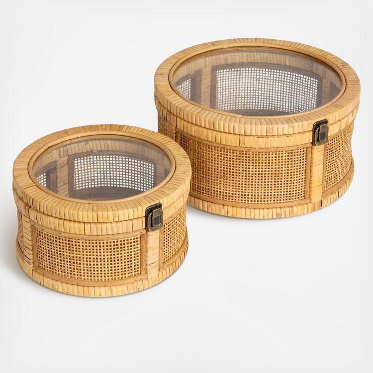 Storied Home, Rattan & Bamboo 2-Piece Round Storage Box Set with Glass Lid  | Zola