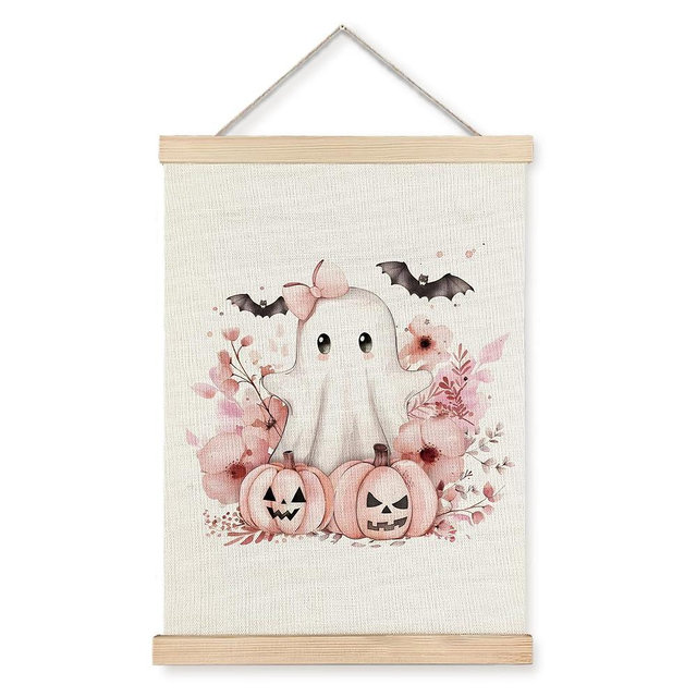 URLLUAE Pink Ghost Wall Decor, Halloween Cute Ghost Canvas Wall Art Poster Hanger Frame,Pink Ghost Halloween Decor,Pink Fall Decor,Preppy Halloween Decor,Coquette Room Decor,12x16 Inches