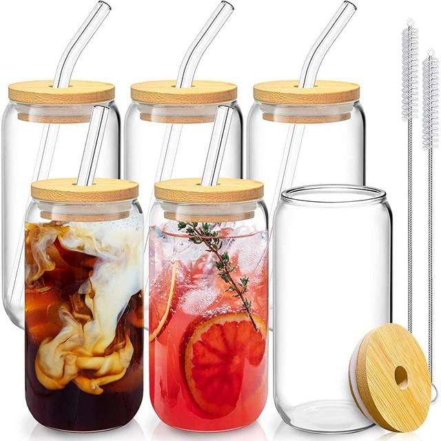 6 Pcs Drinking Glasses with Bamboo Lids and Glass Straw - 16 Oz Can Shaped Glass Cups Beer Glasses Ice Coffee Glasses Cute Tumbler Cup Great for Soda Boba Tea Cocktail Include 2 Cleaning Brushes