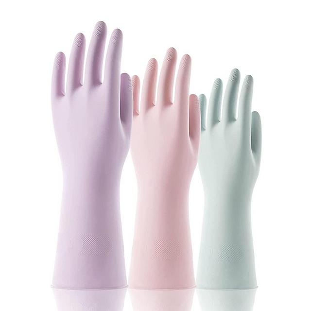 COOLJOB 3 Pairs Dishwashing Gloves with Nonslip Grip, Reusable Cleaning Gloves with Skin Friendly Cotton Flocked Liner, Water Resistant Rubber Household Gloves for Kitchen Bathroom, Medium