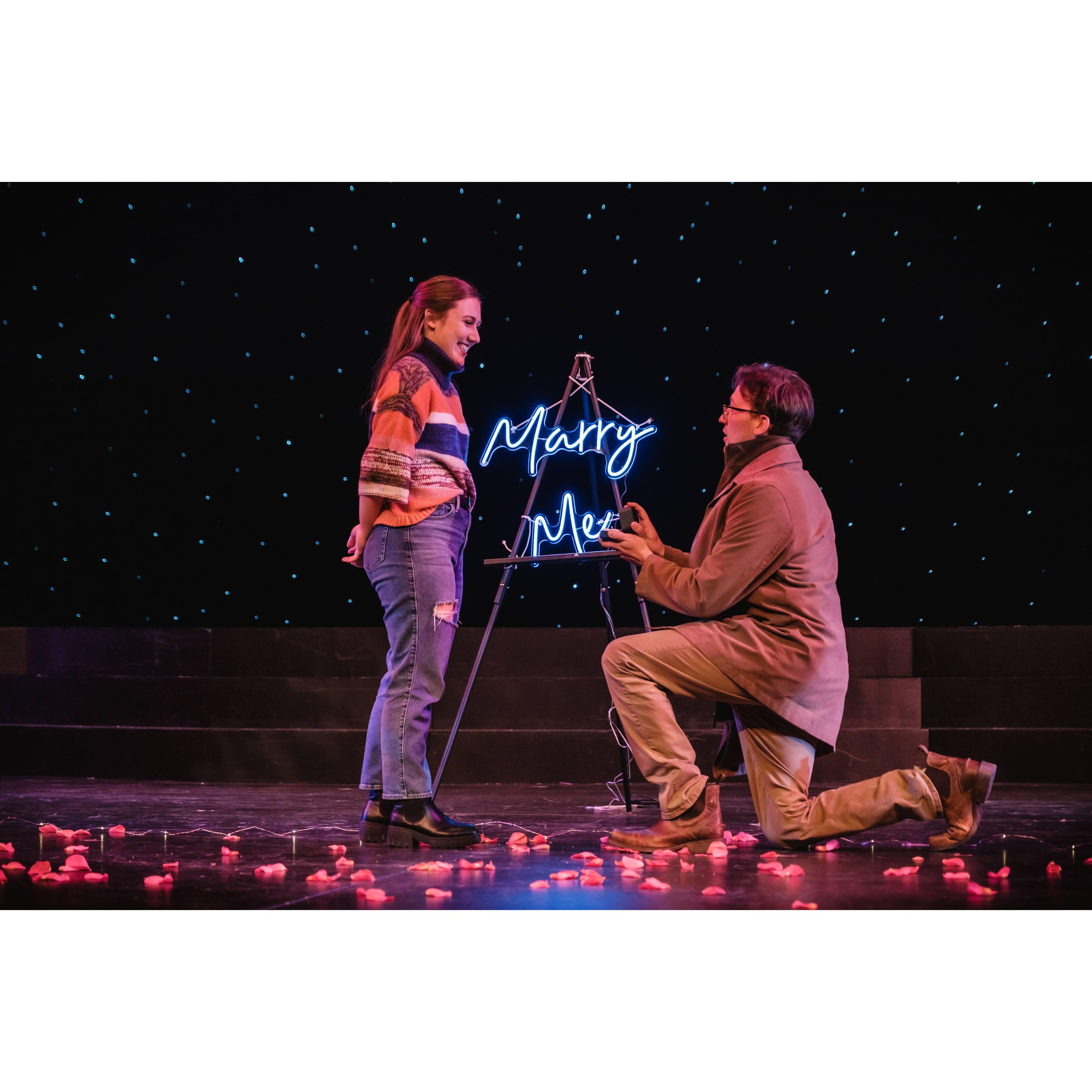 Tristian proposed on stage at The Freed Center, the theatre at Ohio Northern University where Molly went to school.