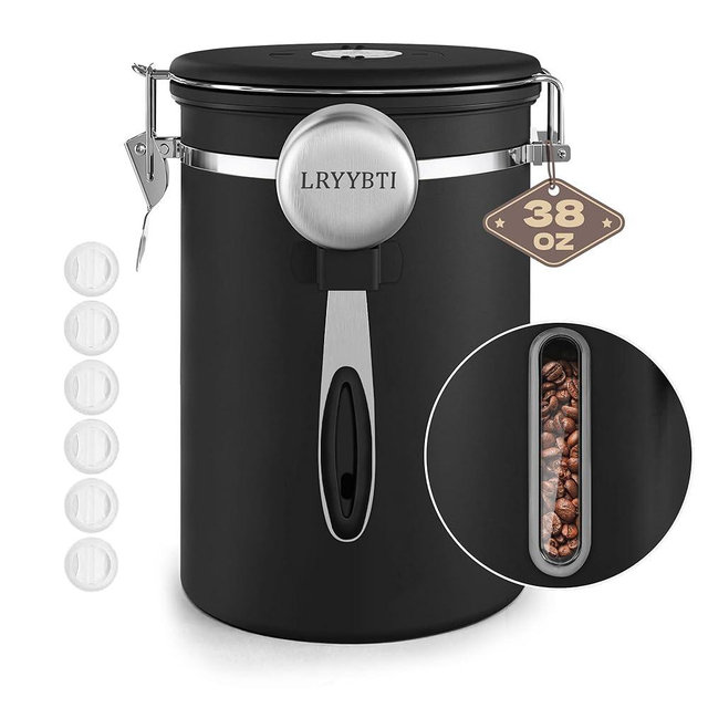 LRYYBTI Coffee Canisters with Window,Scoop and Airtight Lid Stainless Steel Kitchen Bean Storage Grounds Container Date Tracker and Scoop for Grounds Coffee Bar Accessories (Black+window, 38 oz)