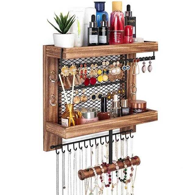 Pinzoveco Hanging Jewelry Organizer Wall Mounted, Vintage Style Double-layer Necklace Holder Organizer Display For Necklaces Bracelet Earrings Ring (Carbonized Black)