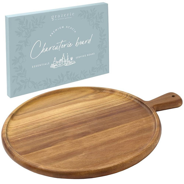 Grazerie Charcuterie Board - Acacia Wood Round Serving Tray with Handle - Kitchen Essential for Entertaining, House Warming Gift, Wedding Gift