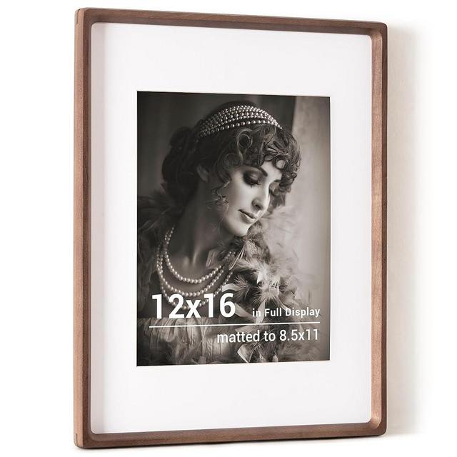12x16 Picture Frame, USA-Sourced Walnut Wood Photo Frames with HD Tempered Glass, Handcrafted Rounded Corner 12 x 16 Wooden Frames Matted to 8.5x11 Photos, Horizontal or Vertical Wall Display