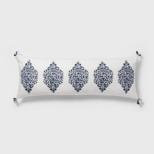 Oblong Oversized Embroidered Medallion Tassel Decorative Throw Pillow White/Blue - Threshold™