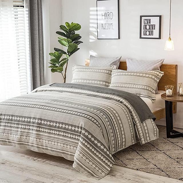 PHF Cotton Boho Yarn Dyed Jacquard Duvet Cover Set Texture Stripe Geometric Pattern King Size 3 Pieces Home Decorations for Winter Black Ivory