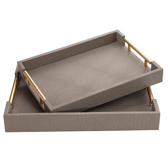 MACVAD 2 Piece Woven Leather Ottoman Tray with Gold Handles, Perfect Rectangular Serving Tray for Living Room, Coffee Table Tray as Thoughtful Gift for Home Decor Enthusiasts (Coffee Brown)