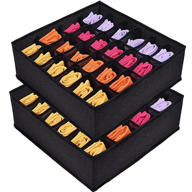 ULG 2 Pack Sock Drawer Organizer, Machine Washable Oxford Cloth, 48 Cell Fabric Cabinet Closet Organizer and Storage, Underwear Drawer Organizer Divider for Storing Socks, Underwear, Ties, Black