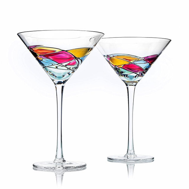 Artisanal Hand Painted Martini, Champagne & Cocktail Glasses - Gift for Wife, Mom, Friends, Weddings, Christmas, Birthday, Holiday Renaissance Romantic Stain-glassed Windows Gifts, 2 Set - Martinis