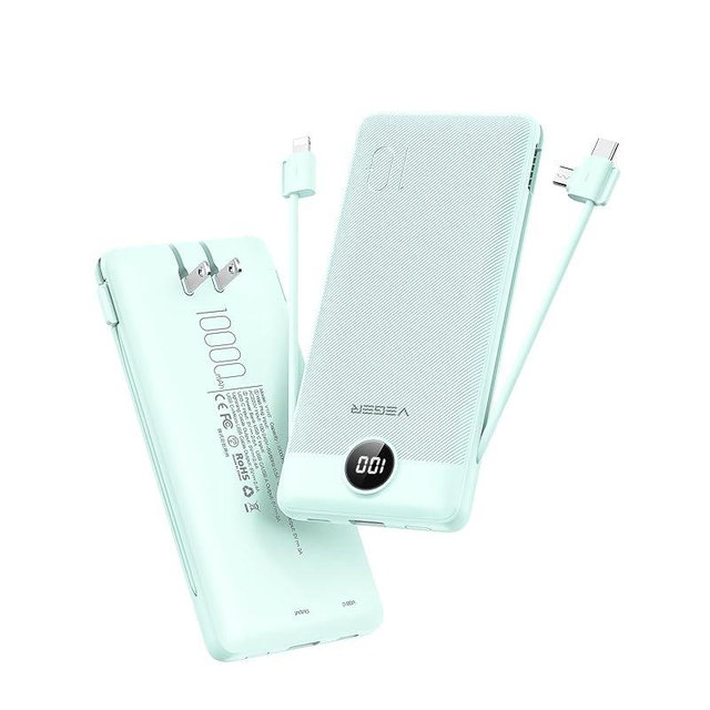 VEGER Portable Charger with Built-in AC Plug and Cables, All in One 10000mAh Ultra Slim Power Bank Travel Essentials, 15W Fast Charging Battery Pack Compatible with iPhone, Samsung, Android (Green)