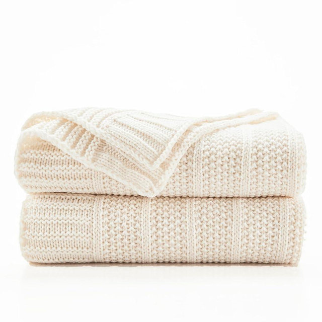Douceur Cream Throw Blanket for Couch, Soft Cozy Lightweight Stripe Pattern Knitted Throw Blanket for Sofa, Living Room, 50"X60"