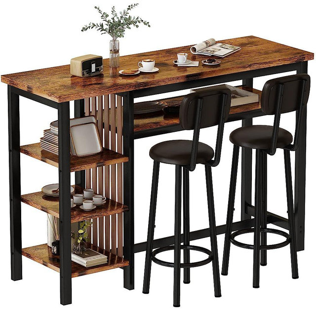 Recaceik Bar Dining Table Set, Modern Bar Table and Stools for 2, Kitchen Counter Height Dining Table Set with 4 Storage Shelves, PU Upholstered Stools Breakfast Nook Set Pub Table with Backrest