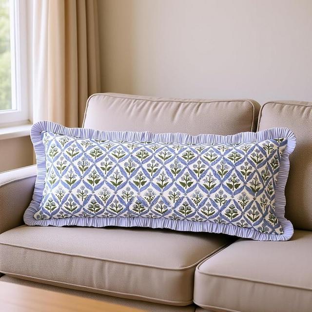 Ridhi Light Steel Blue 100% Cotton Block Print Ruffle Sham Cover Handmade Boho Floral Pillowcase, Farmhouse Cottagecore Bedding, Soft Decorative Cushion Cover for Bedroom Décor 14 x 36 Inch