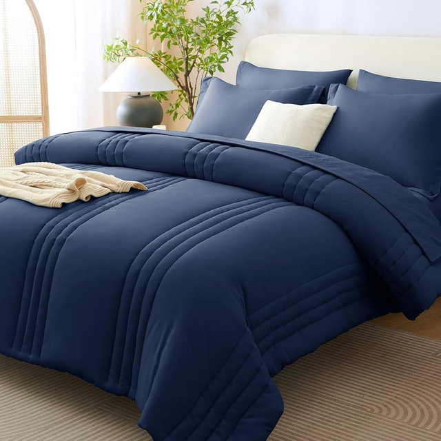 CozyLux Full Size Comforter Sets Navy Blue - 7 Pieces Bed in a Bag, Modern Vertical Quilted Room Decor, Soft All-Season Bedding Gift with Comforter, Sheets, Pillowcases & Shams