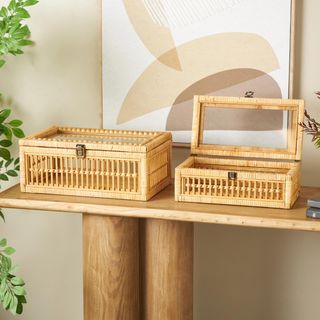 Rattan Woven 2-Piece Glass Top Storage Box Set