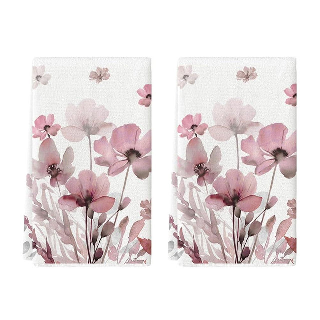 Artoid Mode Pink Poppy Floral Leaves Spring Kitchen Towels Dish Towels, 18x26 Inch Farmhouse Summer Decoration Hand Towels Set of 2