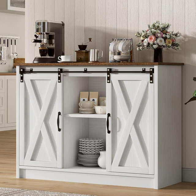 4 EVER WINNER Farmhouse Coffee Bar Cabinet, 42" Buffet Cabinet with Storage and Adjustable Shelf for Small Spaces, Coffee Station Cabinet with Sliding Barn Doors for Kitchen, Dining Room, White