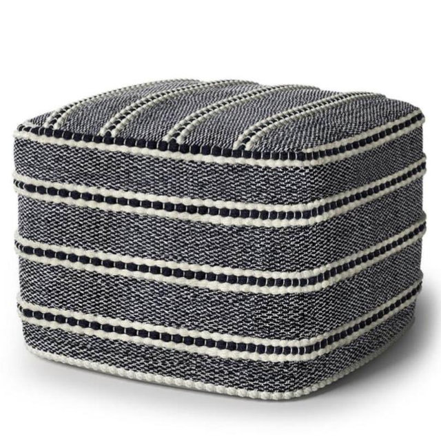 Corrie Navy and White Square Woven Outdoor/Indoor Pouf