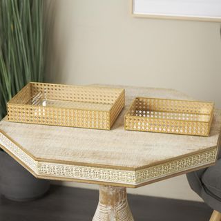 Rattan Woven 2-Piece Tray Set with Mirrored Glass Interior