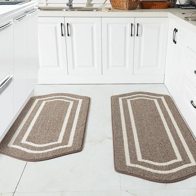 COSY HOMEER Long Kitchen Floor Mats for in Front of Sink Super Absorbent Kitchen Rugs and Mats 24"x48"+24"x59"Non-Skid Kitchen Mat Standing Mat Washable,Polypropylene,Brown,Frame