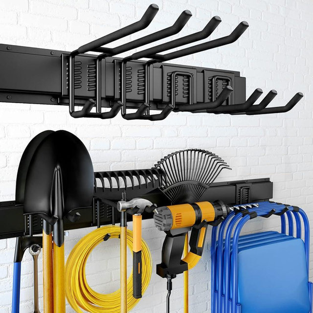 UUP Garage Storage, Garage Organization, Wall Mount Garden Tool Organizer 32 Inches, Max 300lbs Adjustable Metal Hooks, Yard Shed Organizer Rack, Heavy Duty Shelving for Rake Broom Mop Snowboard