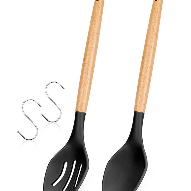 Large Silicone Cooking Spoons, 2 Pack Nonstick Solid and Slotted Wooden handle Spoon Set, Heat Resistan Silicone Kitchen Spoons for Cooking, Serving, Basting, Mixing (Black)