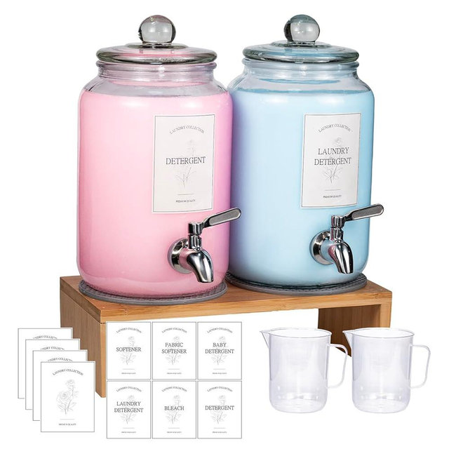 2 Pack Glass Laundry Detergent Dispenser,Sturdy glass Fabric Softener Dispenser With Leak Proof Pump,Reusable Container & Bamboo Stand-108Oz Big Laundry Soap Container For Washer Room Organization (2)