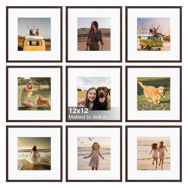 KINLINK 12x12 Frame Set of 9, 12 by 12 Square Picture Frames with Plexiglass for Picture 8x8 with Mat or 12x12 without Mat Art Collage for Wall Gallery and Tabletop Display, 12 x 12 Frame Rustic Brown