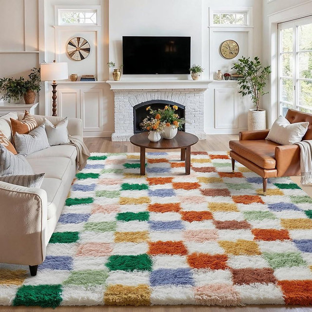 PureCozy Checkered Rug 8x10 for Living Room, Modern Neutral Shag Rug Washable Non-Slip Large Area Rug Super Soft Indoor Fuzzy Carpet Fluffy Rugs for Bedroom Home Aesthetic Decor