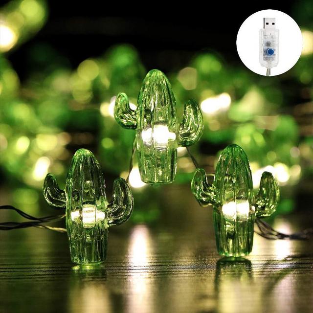 SFgift Tropical Themed Cactus USB-Plugin String Lights 0.8"(H) 40 LED with Remote Control and Timer On 13.85ft Copper Wire Warm White Waterproof Warm White for Decorations