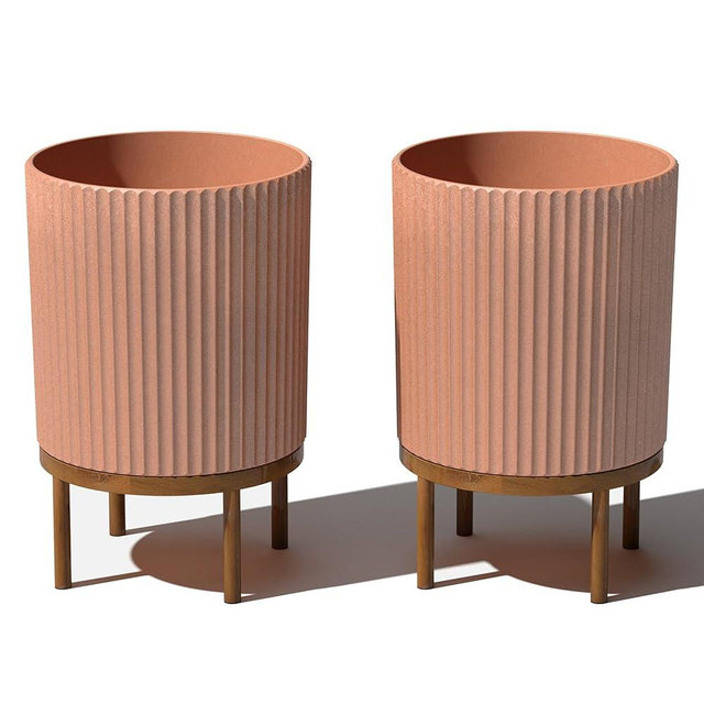 Veradek Demi Series Round Planter w/Stand for Porch/Patio | Durable Plastic-Stone Composite & Wooden Stand | Modern Décor for Tall Plants, Flowers
