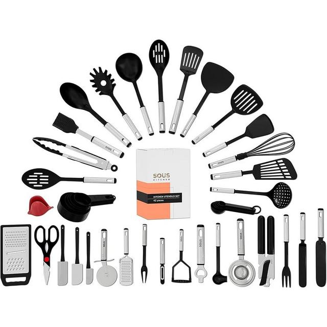 Premium Kitchen Utensils Set Stainless Steel - Non-stick Coating Silicone Cooking Utensils & 42 Pieces Kitchen Tool Set - Durable Cooking Essentials & Cookware Utensils Set for Baking - Cooking Tools