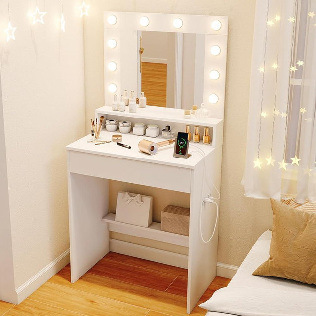 CHARMAID Vanity Desk with Mirror and Lights, White Makeup Vanity Table with Charging Station, Drawer & Shelves, 3-Color Dimmable Lighting, Compact Dressing Table for Small Bedroom Narrow Space