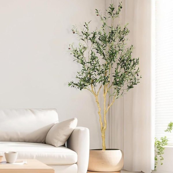 Olive Trees Artificial Indoor, 6FT Tall Faux Olive Tree with White Tall Planter, Artificial Plants with Natural Wood Trunk and Lifelike Fruits for Home Office Decor