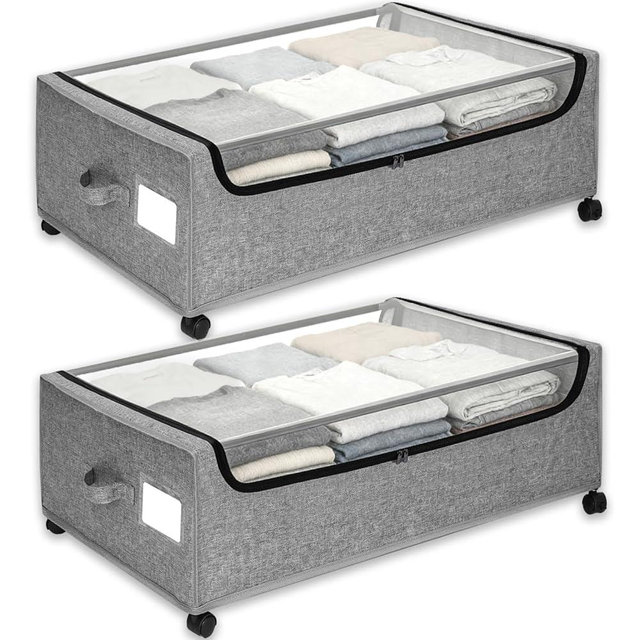 Under Bed Storage with Wheels, 2-Pack Under the Bed Storage Containers with Clear Lids & Label, Underbed Storage Bins, XXXL 85L 11 inches Rolling Metal Drawer for Clothes, Shoes, Toys, Books - Gray