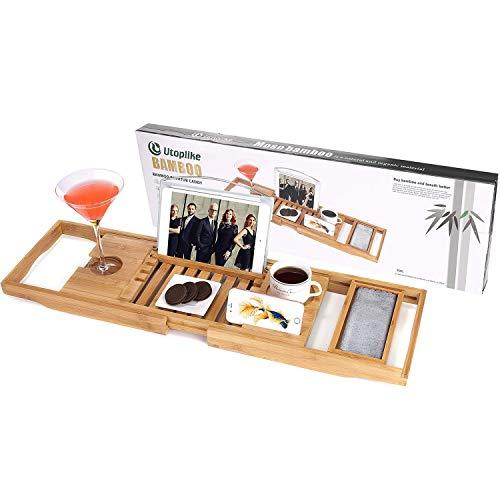 Utoplike Bamboo Bathtub Caddy Tray Bath Tray for Tub, Adjustable Bathroom Bathtub Organizer with Book Tablet Wine Glass Cup Towel Holder,Distinctive Gift for Christmas (27.55"-47.3")