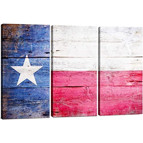 Texas Flag Canvas Wall Art Decor - 3 Piece Set, Large Decorative Multi Panel Split Prints - Lone Star Texas State Flag Art, Rustic Wood Look for Living Room, Kitchen, Bedroom, Office & Home Decor Gift
