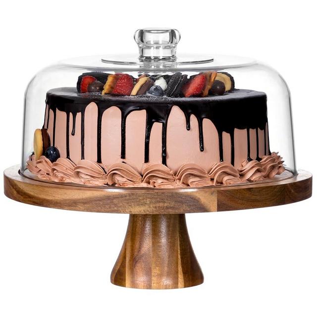 HBlife Cake Stand with Lid Multifunctional Cake Stand with Dome Acacia Wood 6-in-1 Cake Plate Display Stand with Cover for Baking Gifts, Birthday Kitchen Parties, Weddings