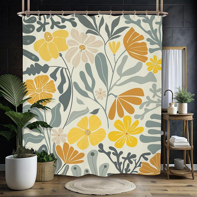 Miyotaa Retro Flower Yellow Green Shower Curtain Set 60Wx71H Inches Matisse Groovy 70s Funky Trendy Aesthetic Abstract Polyester Waterproof Bathroom Curtain with 12 Hooks